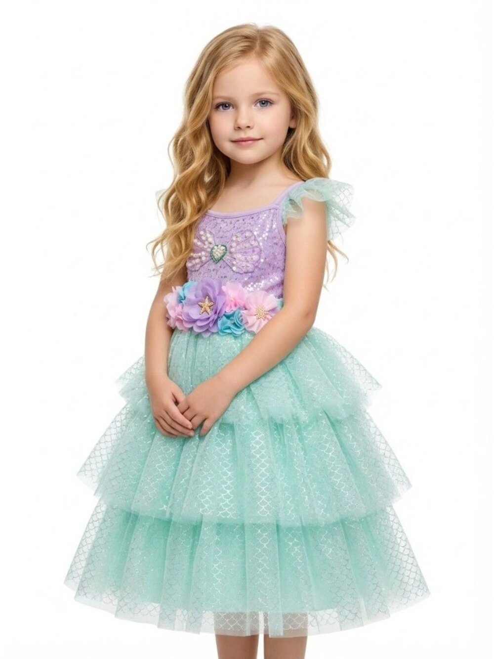 Girls Mermaid Princess Costume Dress Lavender Mint Tiered Tulle Birthday Party